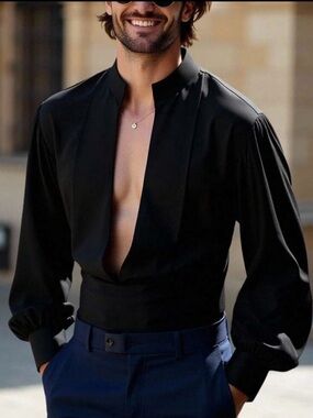 Men's Black Mandarin-Collar Deep V Dress Shirt